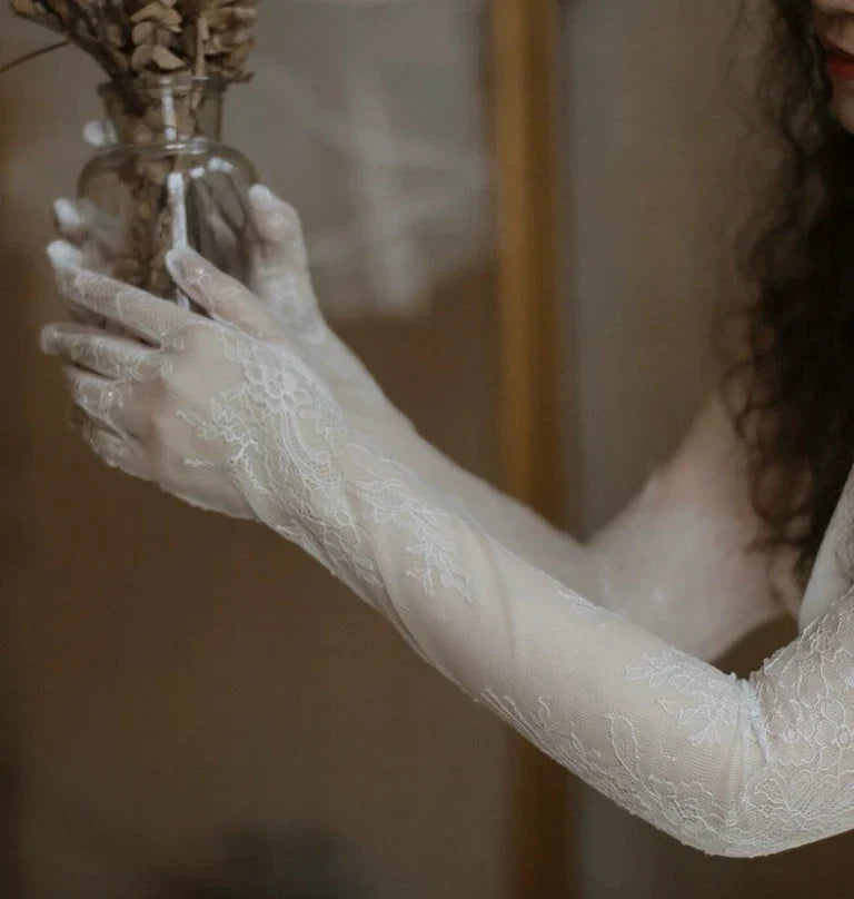 Lace Long Bridal Gloves Flower Wristband Pearl Wedding Glove For Women Girl Party Evening Dress Jewelry Brides Accessories