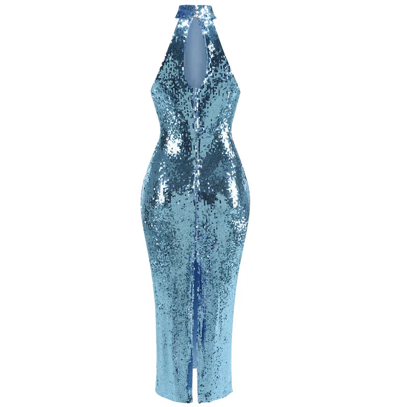 High neck bead wrapped hip skirt slit sequin dress