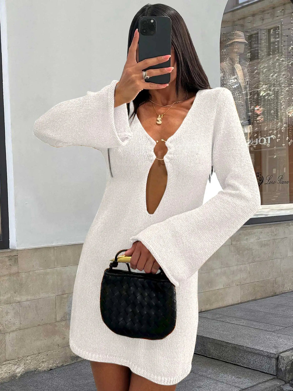Knitted Flared Sleeve V Neck Mini Dress - View 5 | VelvetHem