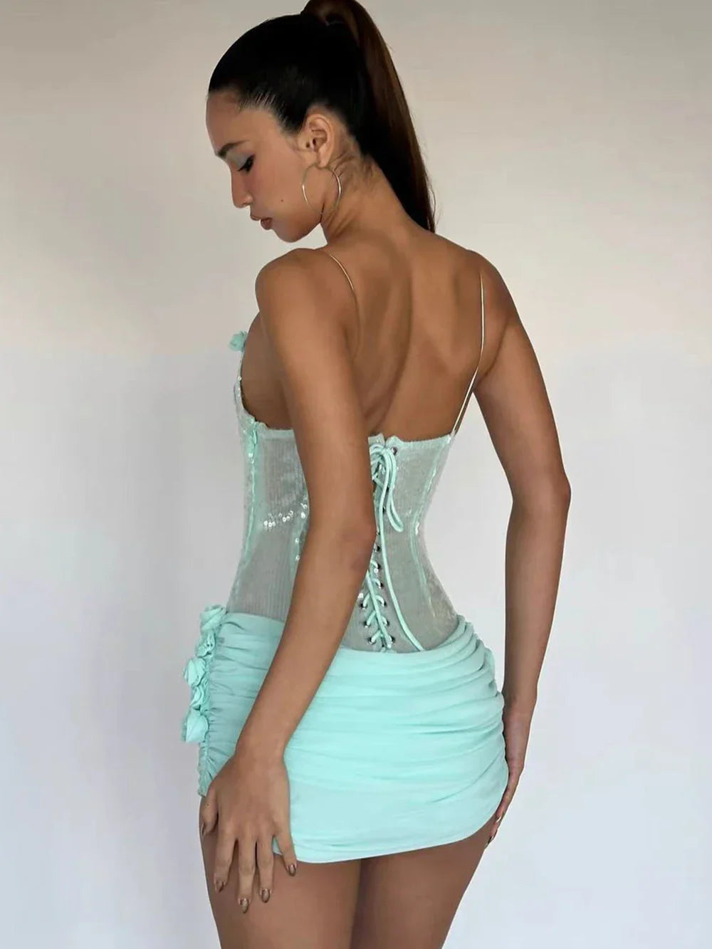 Stereoscopic Flowers Sequin Patchwork Sling Short Evening Dress Sweet Woman Birthday Party Dress Performance Costume