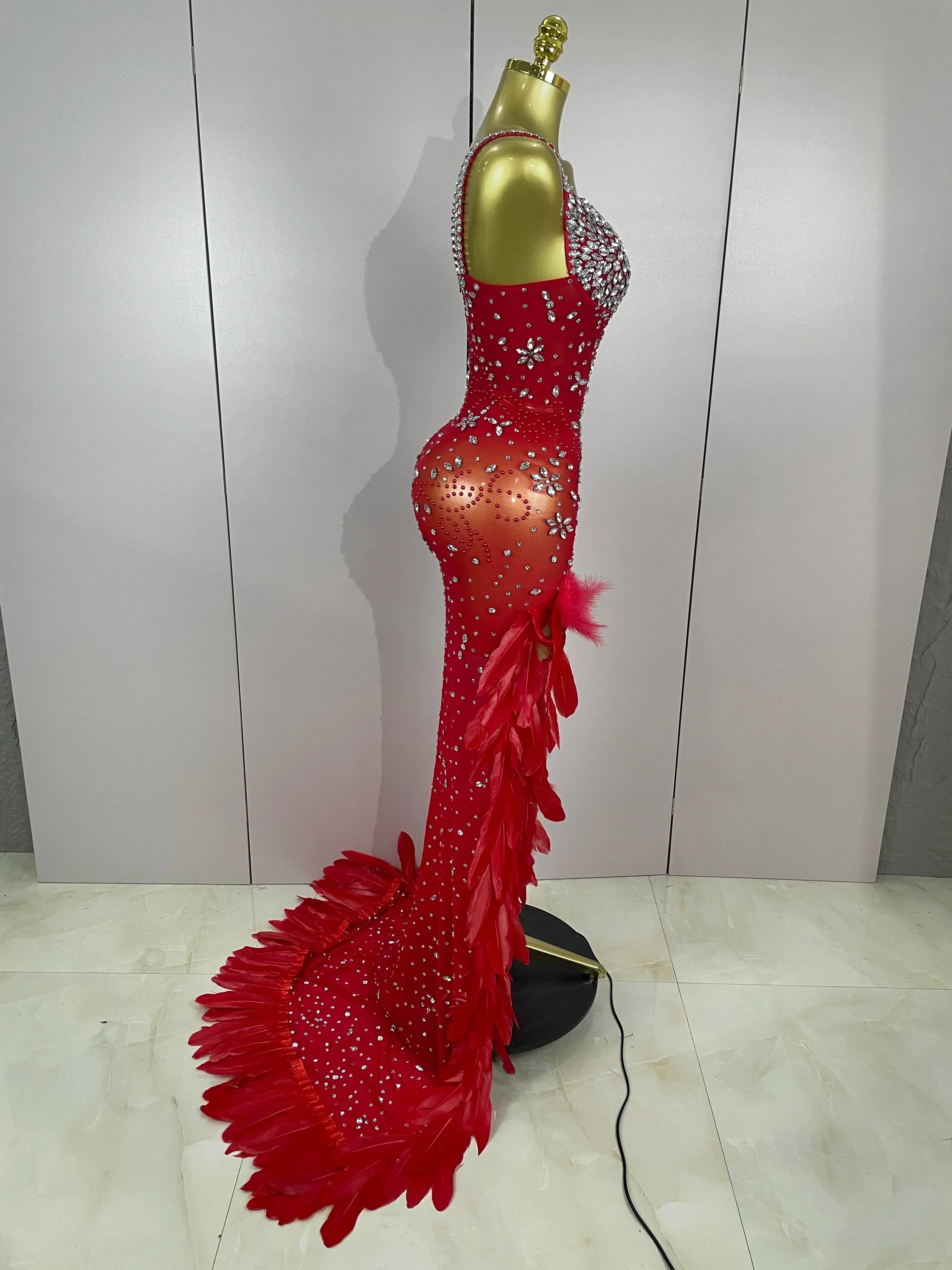 Exquisite Feather Red Evening Dress Women Sparkle Rhinestones Sexy High Slit Birthday Celebrate Stage Photoshoot Costume