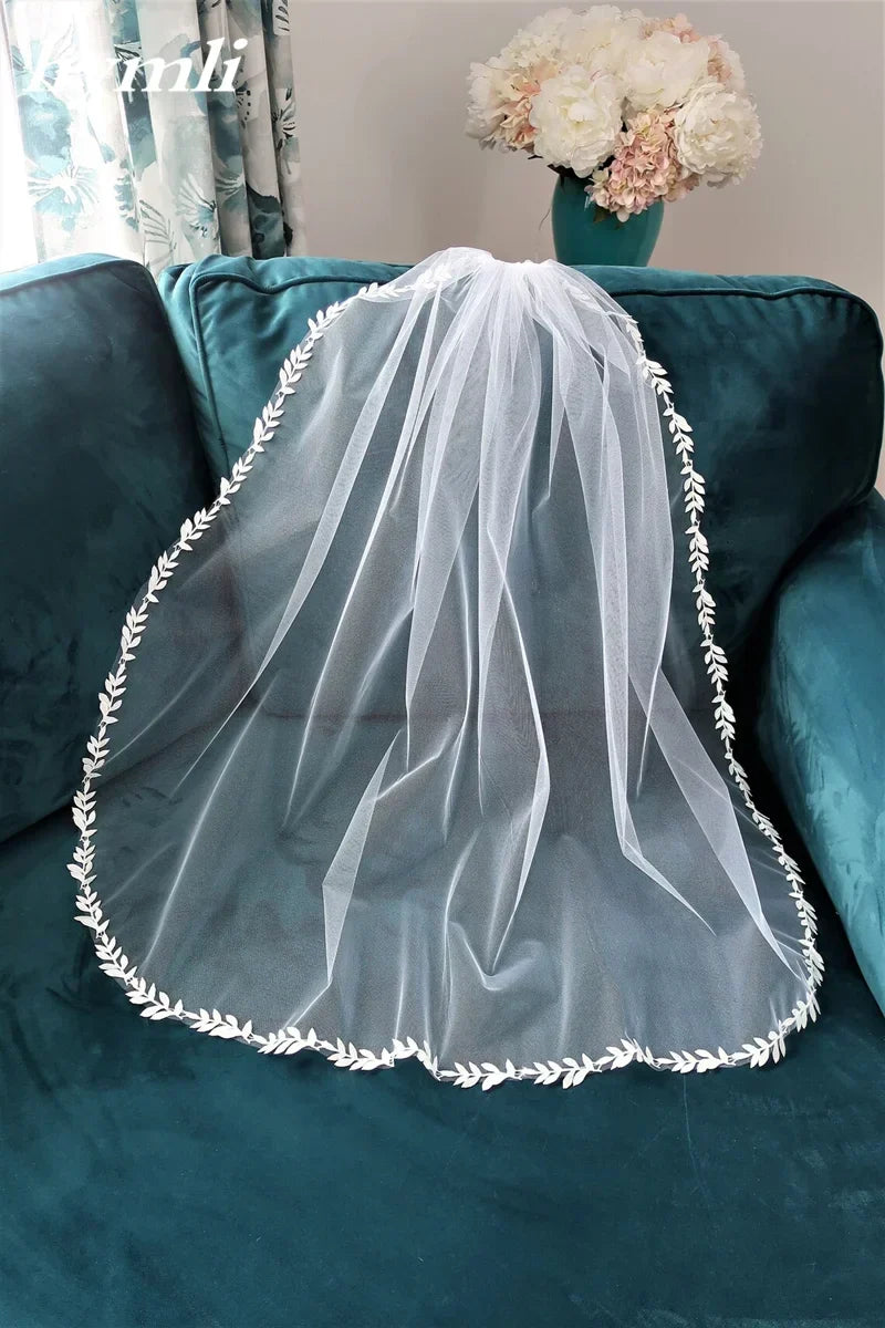 Leaf Lace Wedding veil Fingertip Length Bridal Veil in White , Ivory
