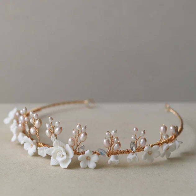 Gold Color Headband Freshwater Pearl Headpiece For Brides Porcelain Flower Hairband Wedding Accessories Bridal Hair Jewelry