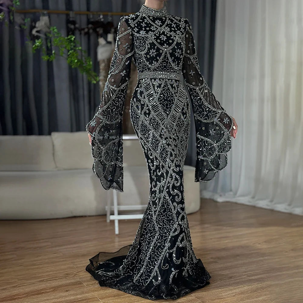 Zapdress Customized Muslim Gray Mermaid Cape Sleeve Beaded Evening Dress Dubai Elegant Party Gowns 2025 for Women (ZD17187)