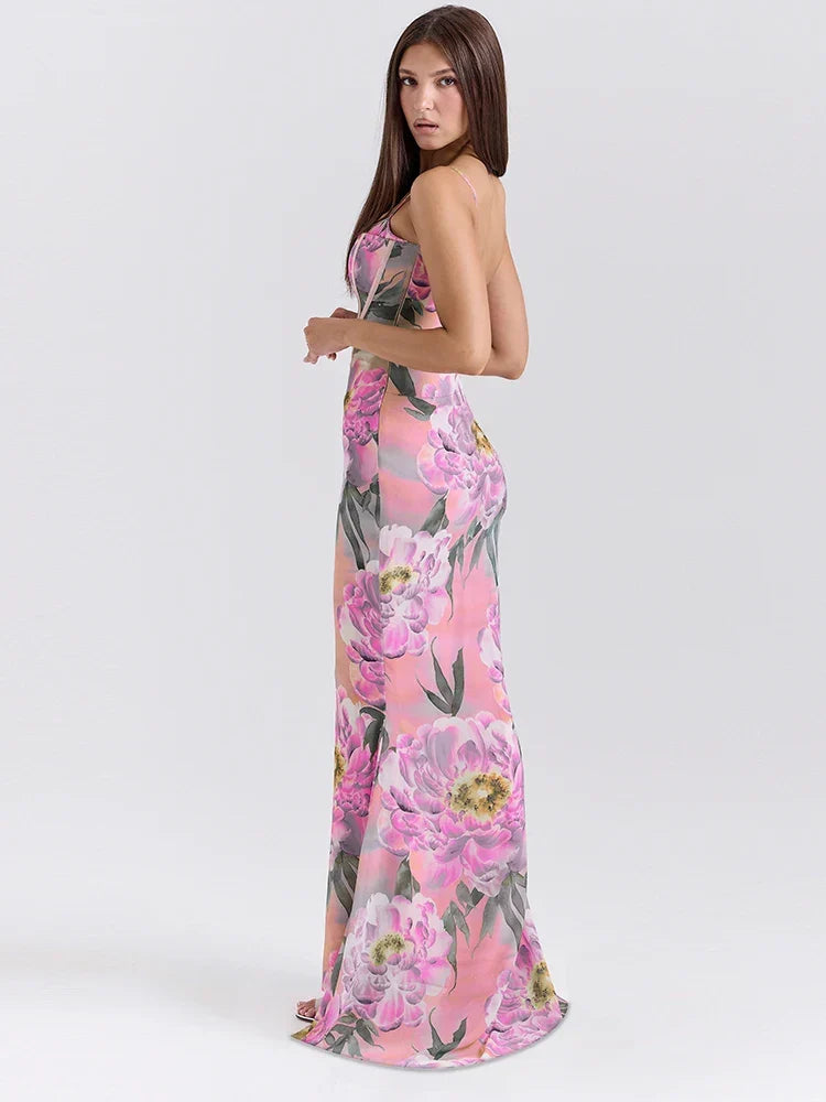 Dot Halter Slim Cleavage Floral Dress - View 3 | VelvetHem