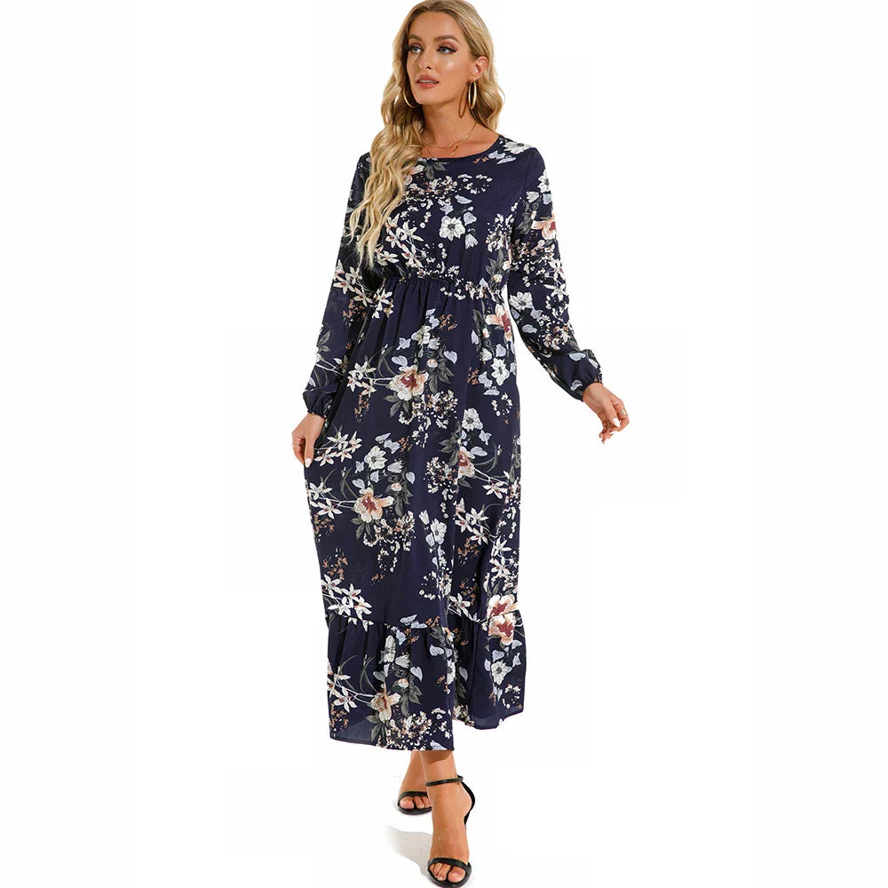 Natasha Effortless Women's Bohemian Floral Chiffon Maxi Dress with Long Sleeves Elevated Occasion Wear