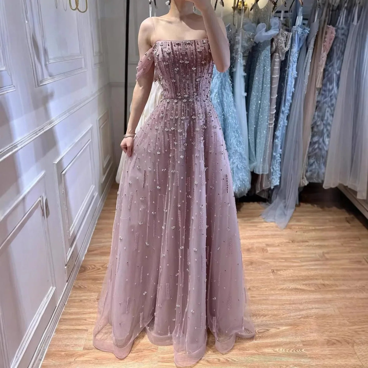 Zapdress Caramel A-Line Beaded Evening Gown Off Shoulder Formal Party Prom Dress Robe de Soirée 2026 Customized (ZD17268)