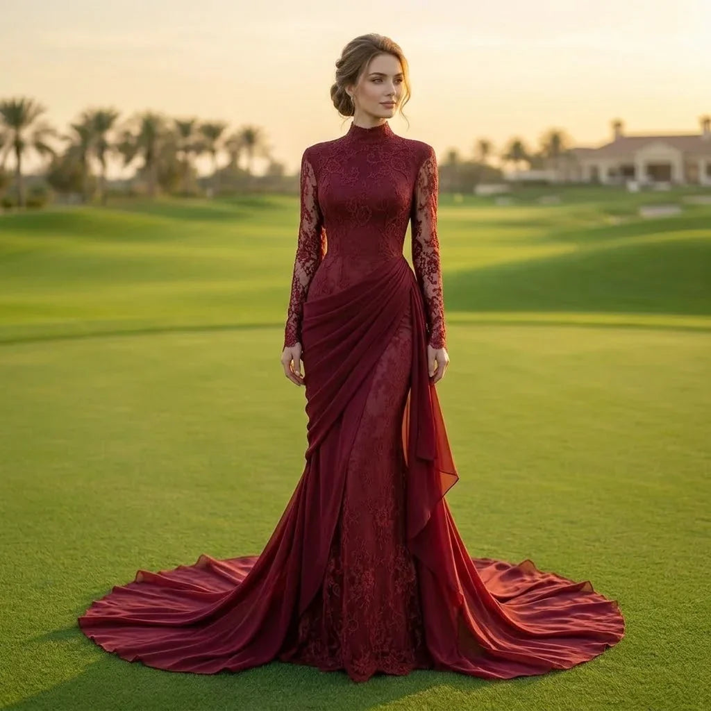 Zapdress Customized Wine Red Mermaid Evening Dresses with Wrap Skirt High-End Lace Formal Party Gowns for Women (ZD17283) - VelvetHem