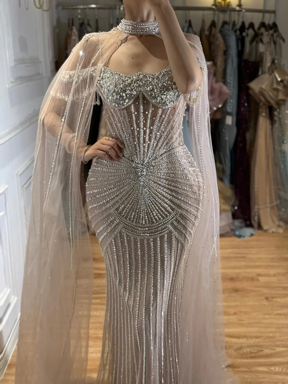Zapdress Caramel Pearl Beaded Illusion Mermaid Evening Gown 2026 Party Dresses with Sheer Cape DLA73148C Customized (ZD17234)