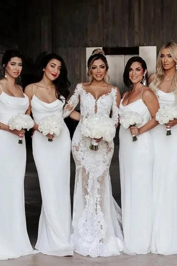 Sheath/Column Cowl Neck Spaghetti Straps Ivory Bridesmaid Dresses BD102 by pgmdress
