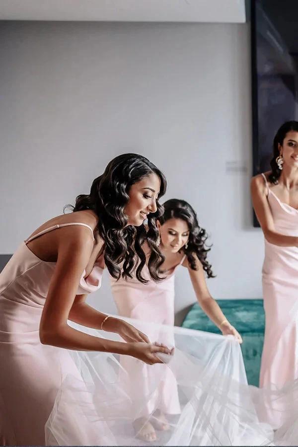 Sheath/Column Cowl Neck Spaghetti Straps Long Bridesmaid Dresses (ZD13274)