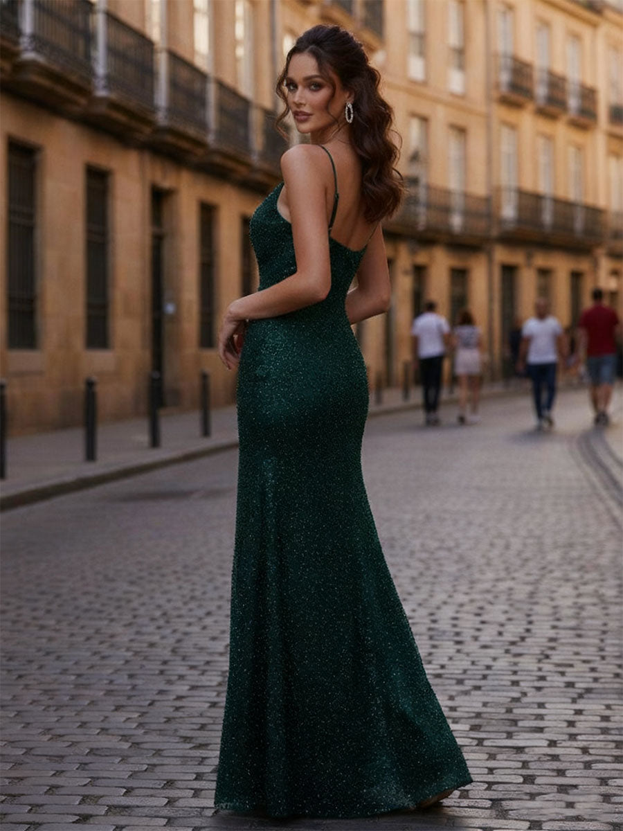 Sheath/Column V Neck Sequined Long Prom Dress with Beading