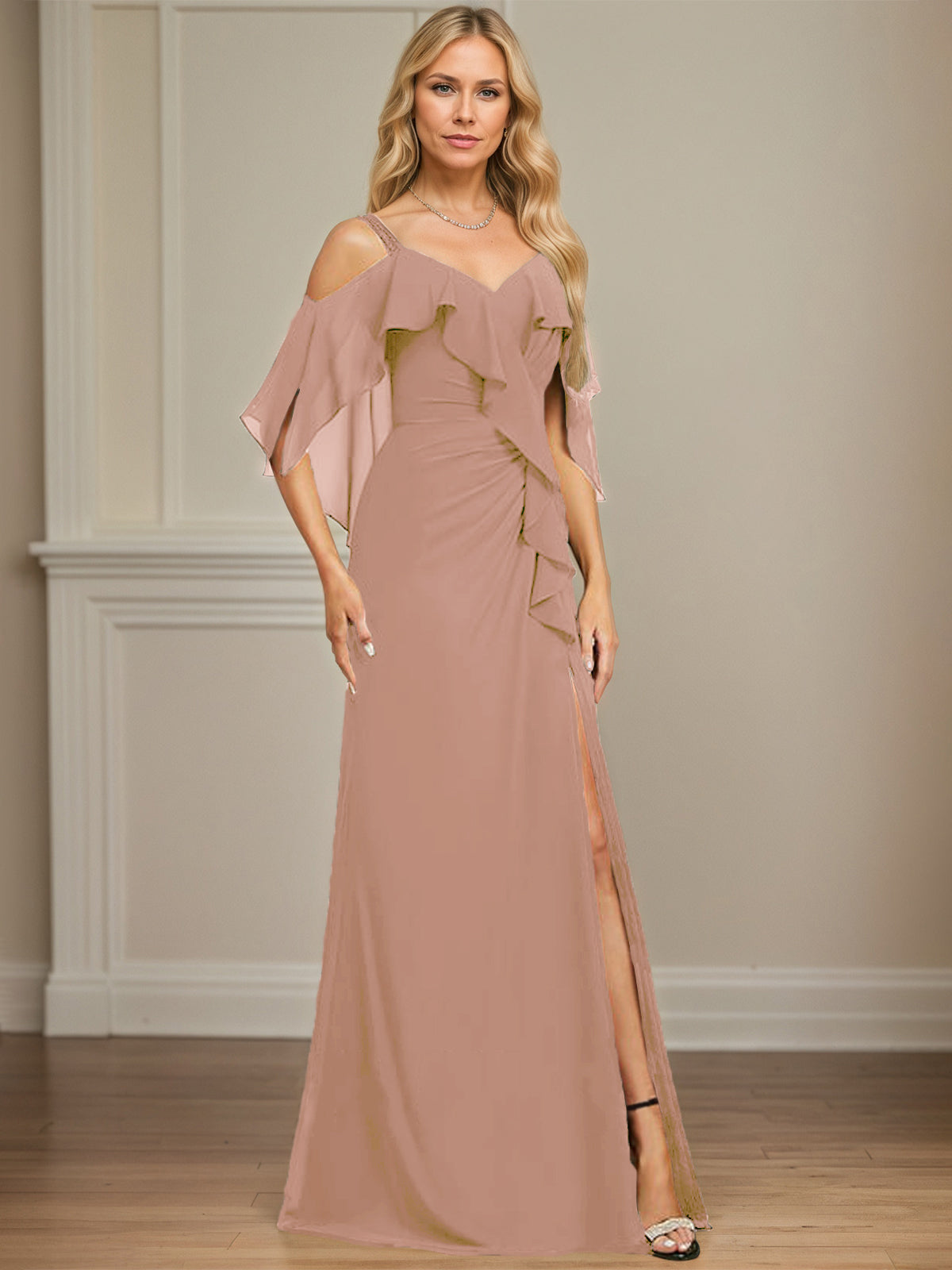 Sheath/Column Cold Shoulder V-Neck Floor-Length Chiffon Dress With Cascading Ruffles Sequins Beading