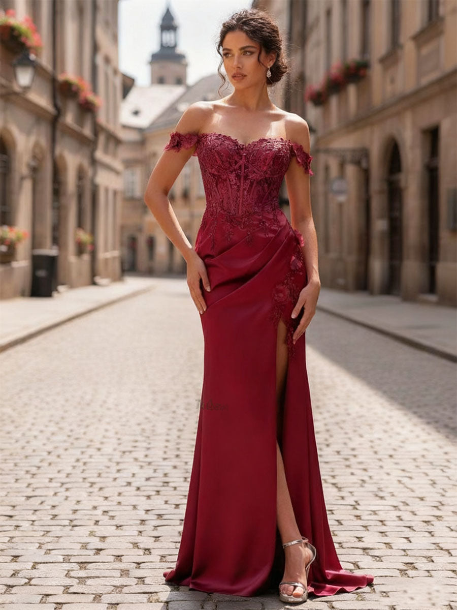 Sheath Off-The-Shoulder Appliques Lace Corset Prom Dress with Slit