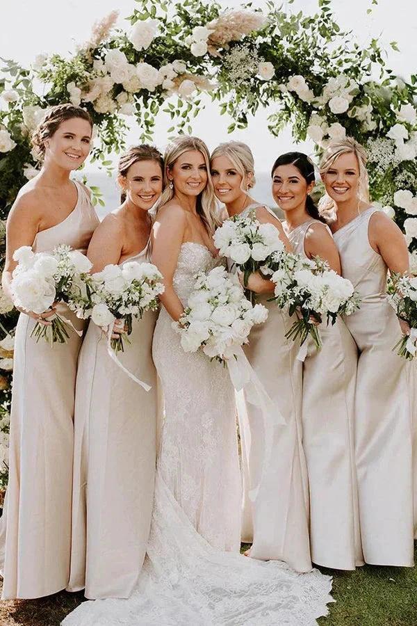 Sheath One Shoulder Silver Satin Floor Length Bridesmaid Dress (ZD13279)