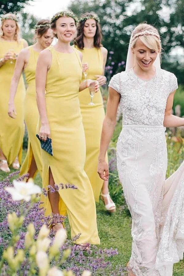 Sheath Open Back Floor-Length Yellow Bridesmaid Dress with Split BD140 by pgmdress