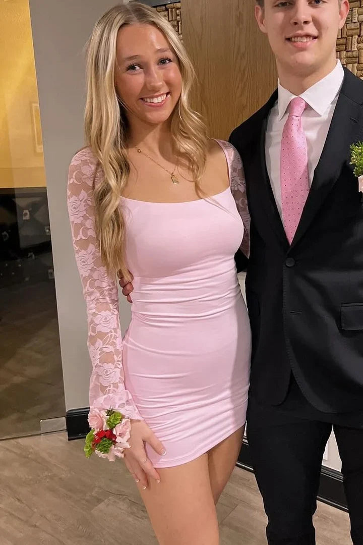 Sheath Pink Short Homecoming Dress With Lace Sleeves