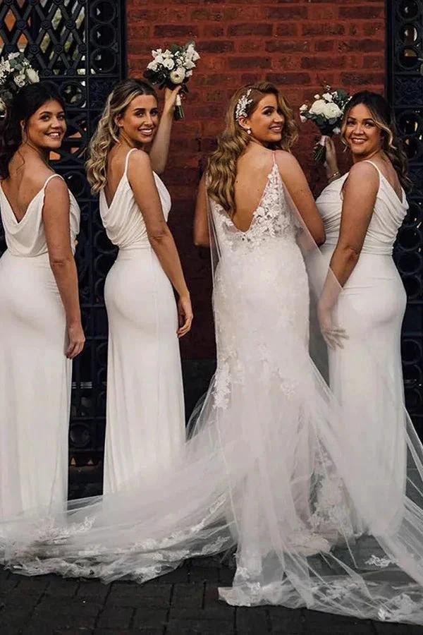 Sheath Spaghetti Strap Draped Long Bridesmaid Dress (ZD12840)
