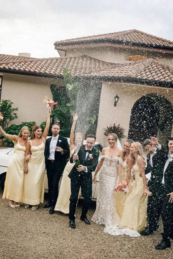 Sheath Spaghetti Straps Long Yellow Bridesmaid Dress (ZD12842)