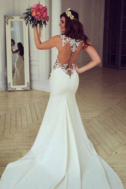 Sheer Back Lace Buttons Wedding Dress  Mermaid Sleeveless Sexy Bridal Gowns BA3691