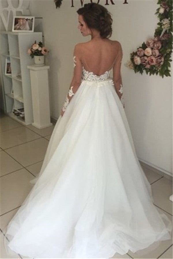 Sheer Long Sleeve Lace Wedding Dresses  Open Back Tulle Ball Gown Bridal Dress