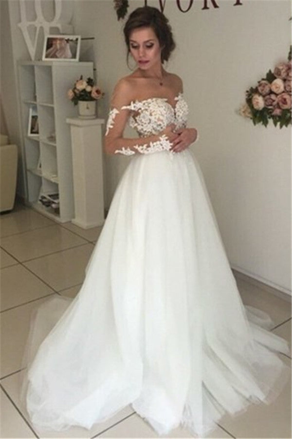 Sheer Long Sleeve Lace Wedding Dresses  Open Back Tulle Ball Gown Bridal Dress