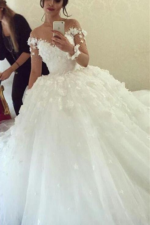 Sheer Long Sleeve Scoop  Ball Gown Wedding Dresses Flowers Tulle Bride Dress with Buttons