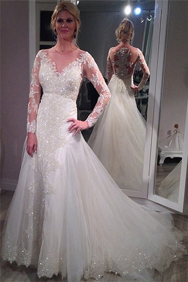 Sheer Scoop Long Sleeve Wedding Dress Sparkly Lace Court Train Bridal Gowns BA4036