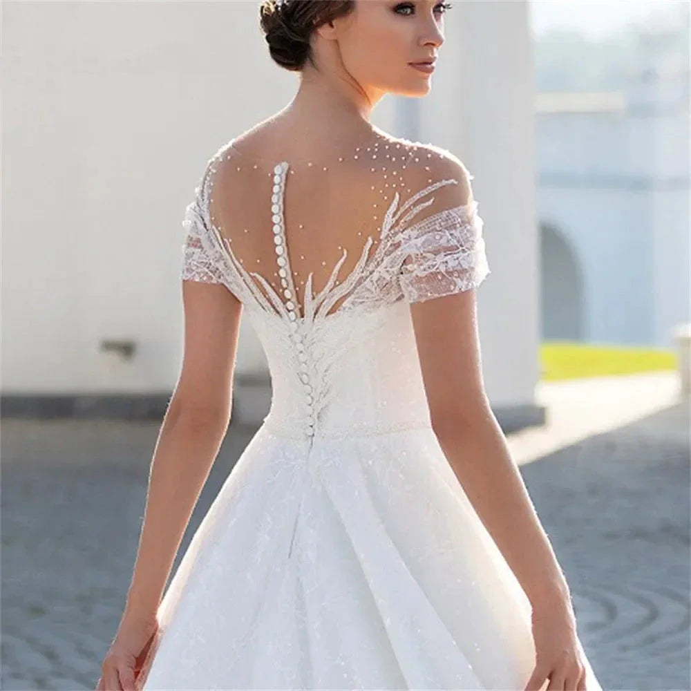 Shiny Off The Shoulder Wedding Dress For Bride  Fashion Glitter Lace A-Line Bridal Gowns Floor Length Custom Made Gillter (ZD13343)