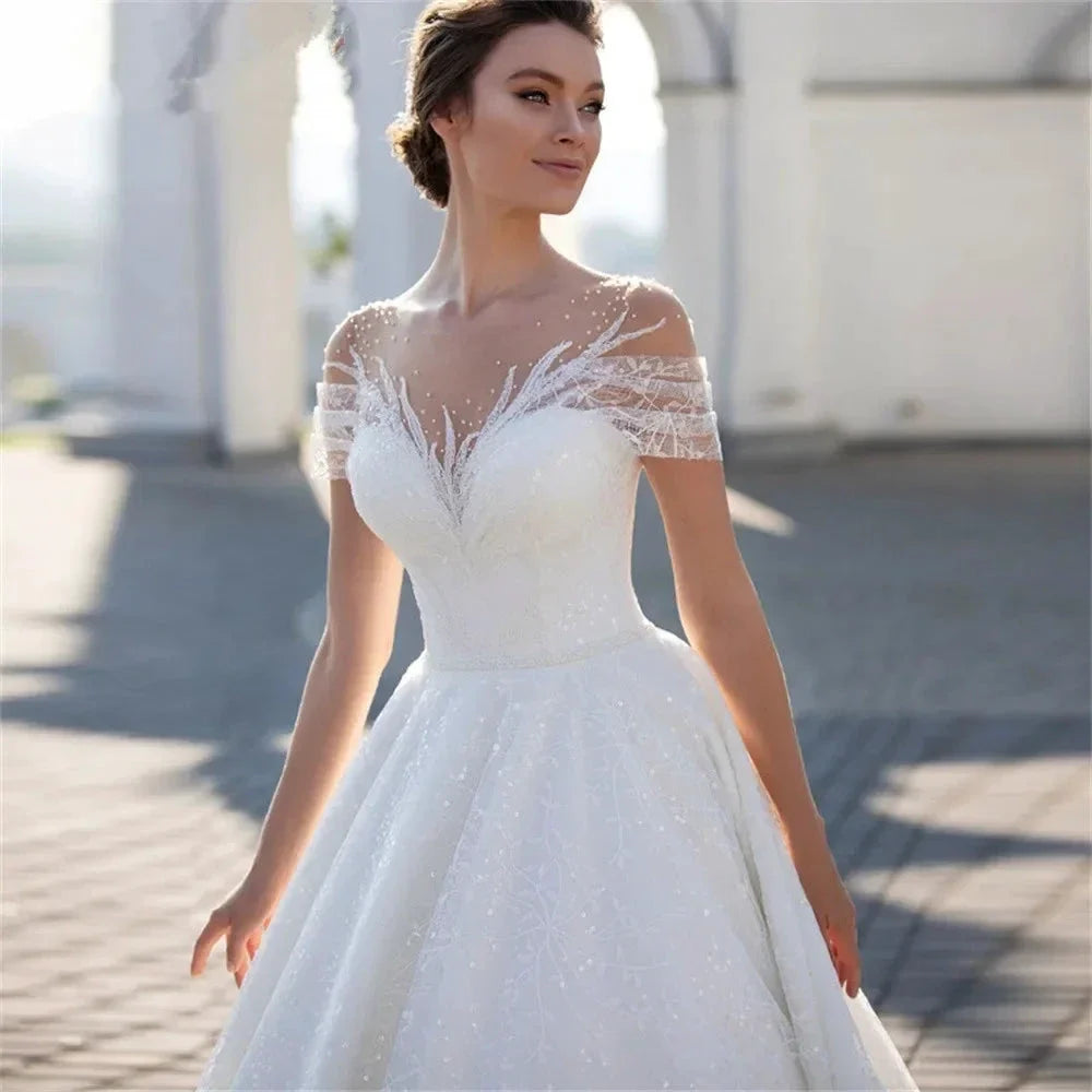Shiny Off The Shoulder Wedding Dress For Bride  Fashion Glitter Lace A-Line Bridal Gowns Floor Length Custom Made Gillter (ZD13343)