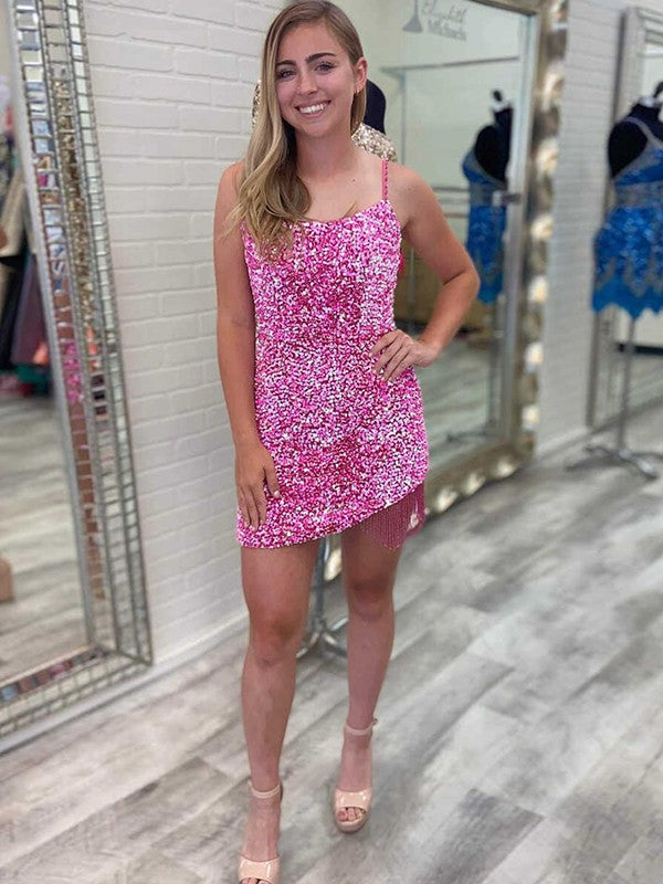 Fitted Spaghetti Straps Short Sequin Homecoming Dress