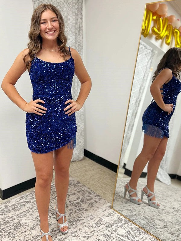 Fitted Spaghetti Straps Short Sequin Homecoming Dress