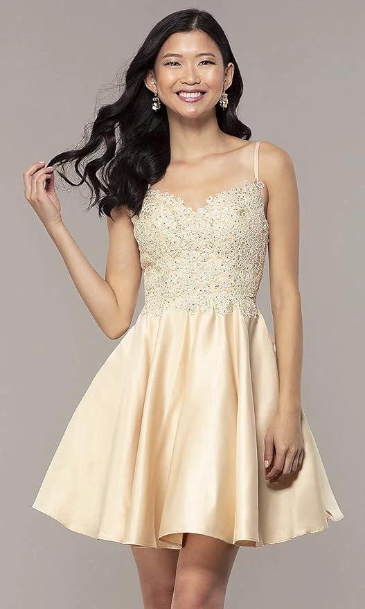 Lace Short Beaded Homecoming Dresses Satin Prom Dress with Pockets SYH82 by vivymakudress