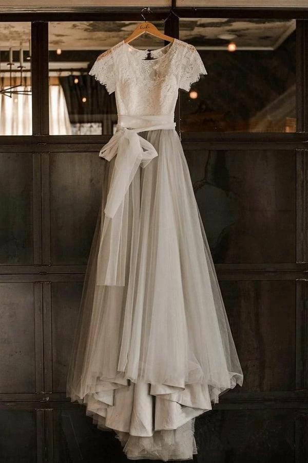 Short Sleeve Lace and Tulle Silver  Wedding Dresses with Sash (ZD15349)