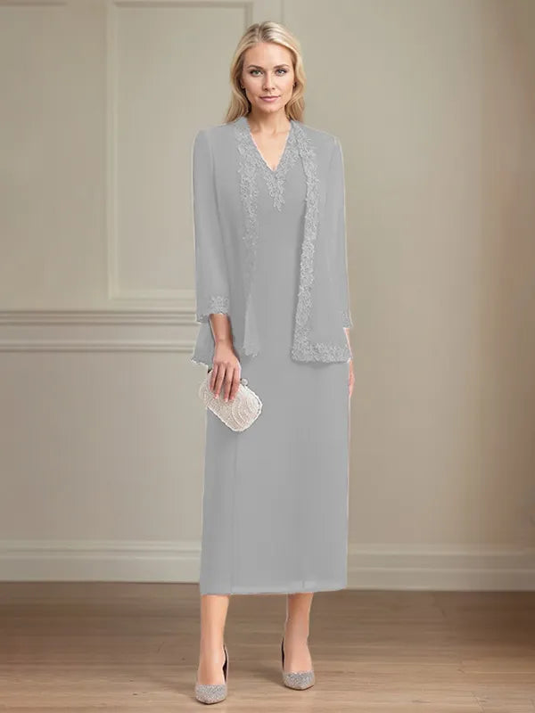 Sheath/Column Chiffon V Neck 3/4 Sleeves Tea Length Mother Of The Bride Dress