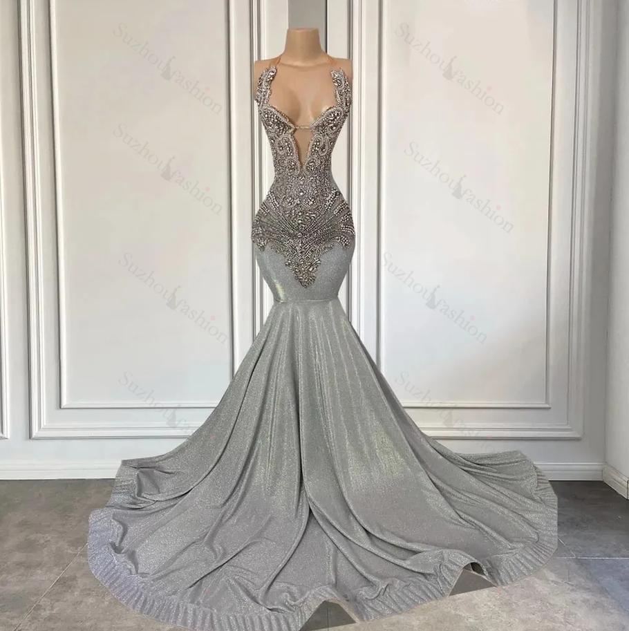 Silver Halter Prom Dress Mermaid Formal Dress with Beadings