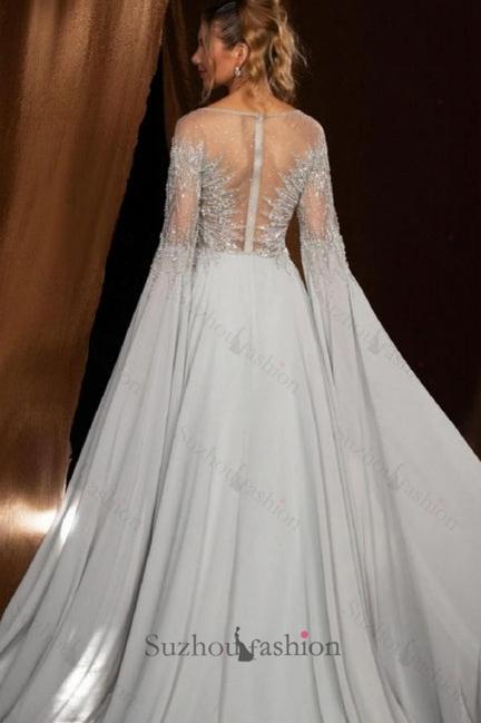Silver Prom Dress A Line Crew Beaded Sleeves Sweep Train Chiffon Formal Dress