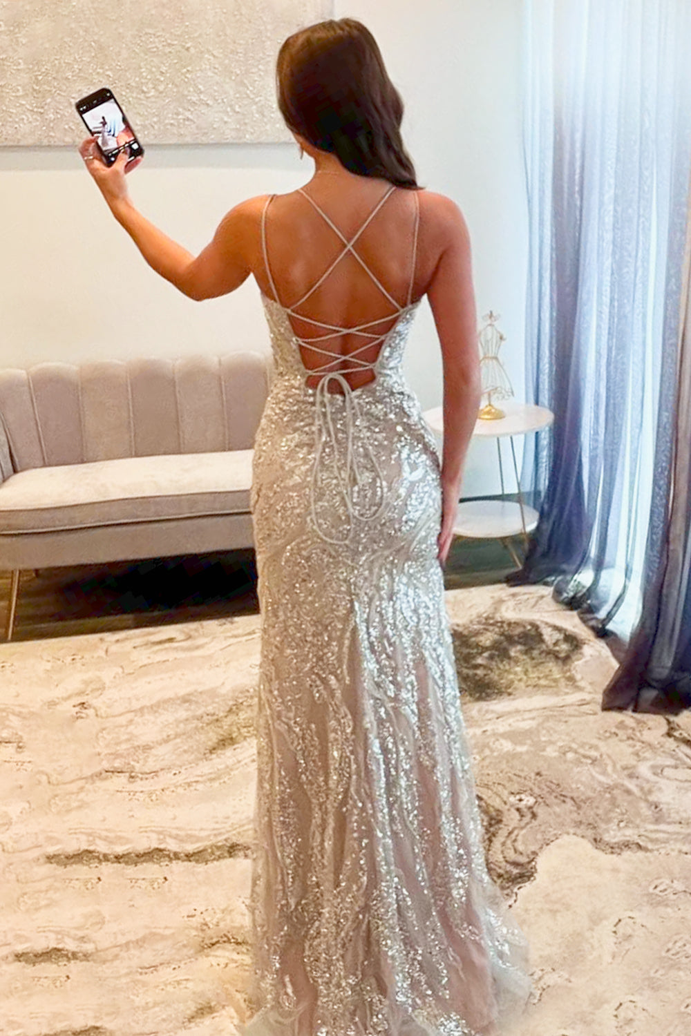 Sparkly Mermaid Spaghetti Straps Silver Sequins Long Prom Dress with Criss Cross Back