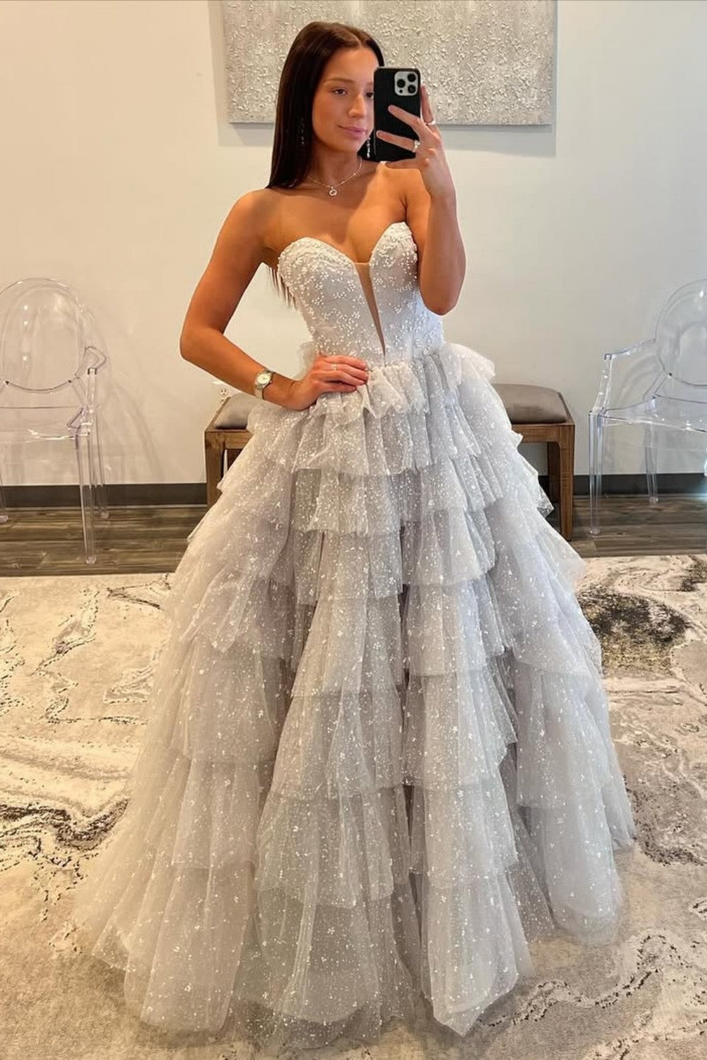 Gorgeous A Line Sweetheart Silver Long Prom Dress with Pearls Ruffles