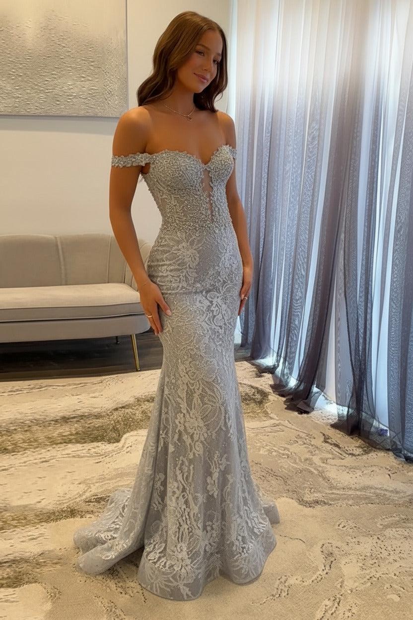 Navy Prom Dress Off The Shoulder Mermaid Long Lace Formal Dress (ZD17401)