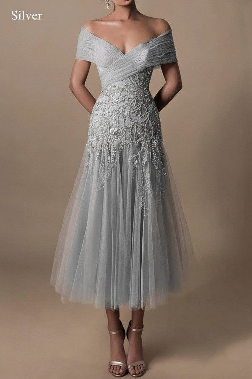 Gorgeous Short Long Off-the-Shoulder Beadings Beach Bridal Dress With Lace