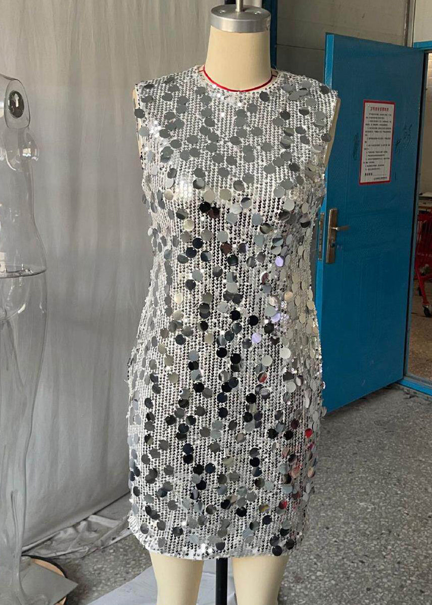 Silvery Silm Fit Tea Dress Sequins Wraped Sleeveless