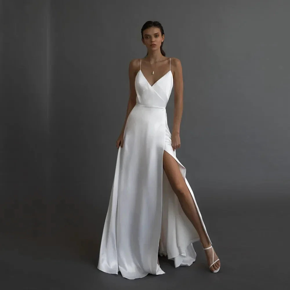 Simple A Line Satin Wedding Dress V Neckline Spaghetti Straps Bridal Gown Sexy High Split Backless Vestido De Novia Custom Made (ZD13507)