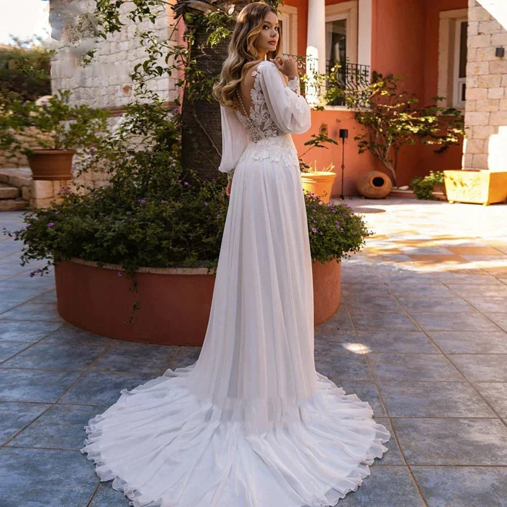 Simple A-Line V-neck Chiffon Wedding Dress Women's Elegant Decal Back Button Design Bridal Gowns Beach Party Welcome Vestido Nov (ZD14188)