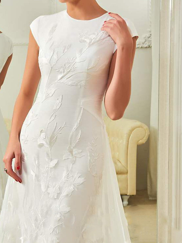 Simple A-Line Wedding Dress Jewel Lace Organza Satin Cap Sleeves Bridal Gowns with Sweep Train