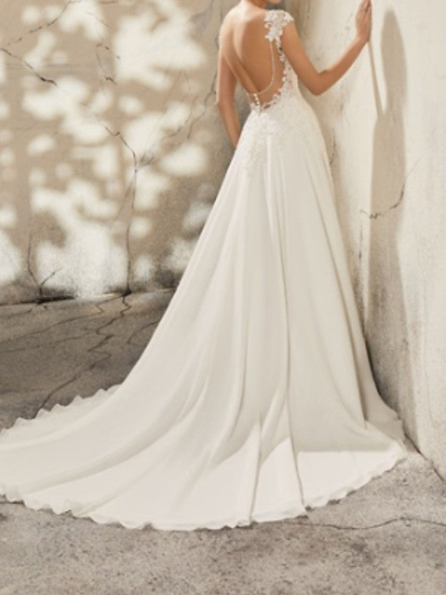 Simple A-Line Wedding Dresses V-Neck Lace Cap Sleeve Plus Size Bridal Gowns with Court Train
