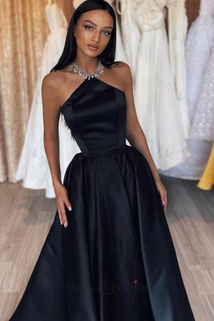 Simple Black Prom Dress A Line Halter Satin Sleeveless Formal Dress