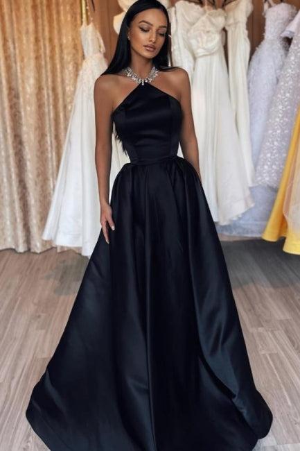 Simple Black Prom Dress A Line Halter Satin Sleeveless Formal Dress