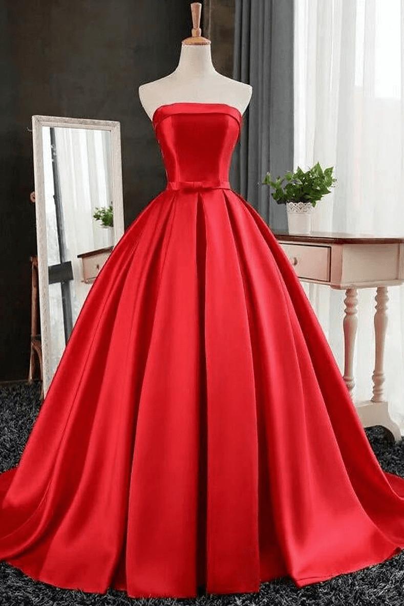 Simple Bows-Sashes Puffy Evening Dresses  Red Strapless Prom Dresses