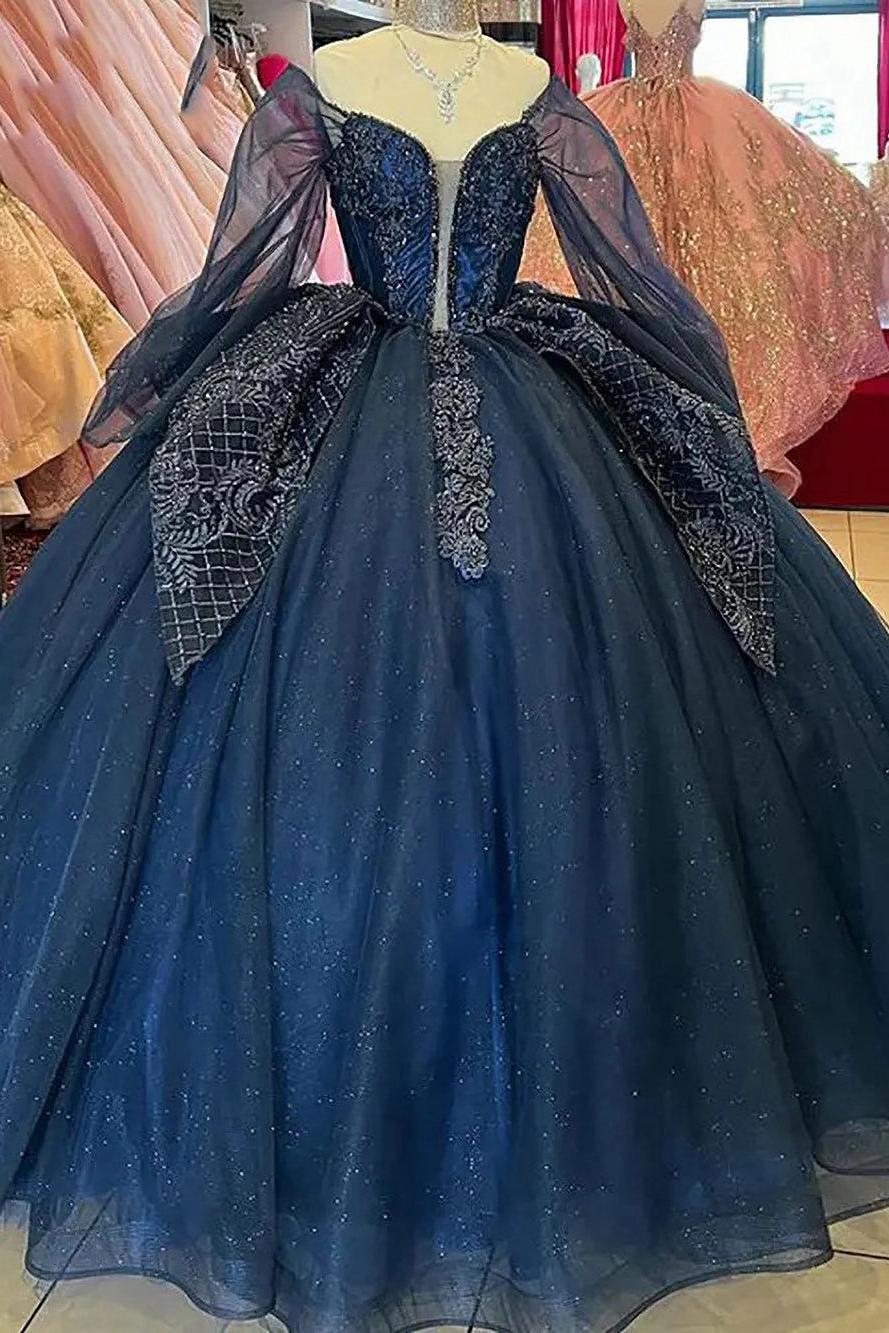 Simple & Casual Ball Gown Off Shoulder Long Sleeves Lace Appliques Tiered Ruffles Navy Blue Tulle Quinceanera Dress Princess Birthday Party Gown For Sweet 16